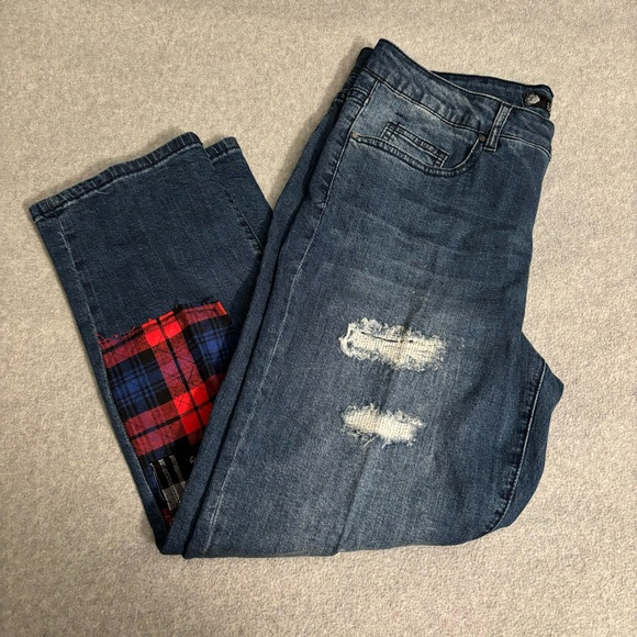 Tru Luxe Jeans slouchy boyfriend plaid flannel patches & holes 31/12p - Picture 13 of 13